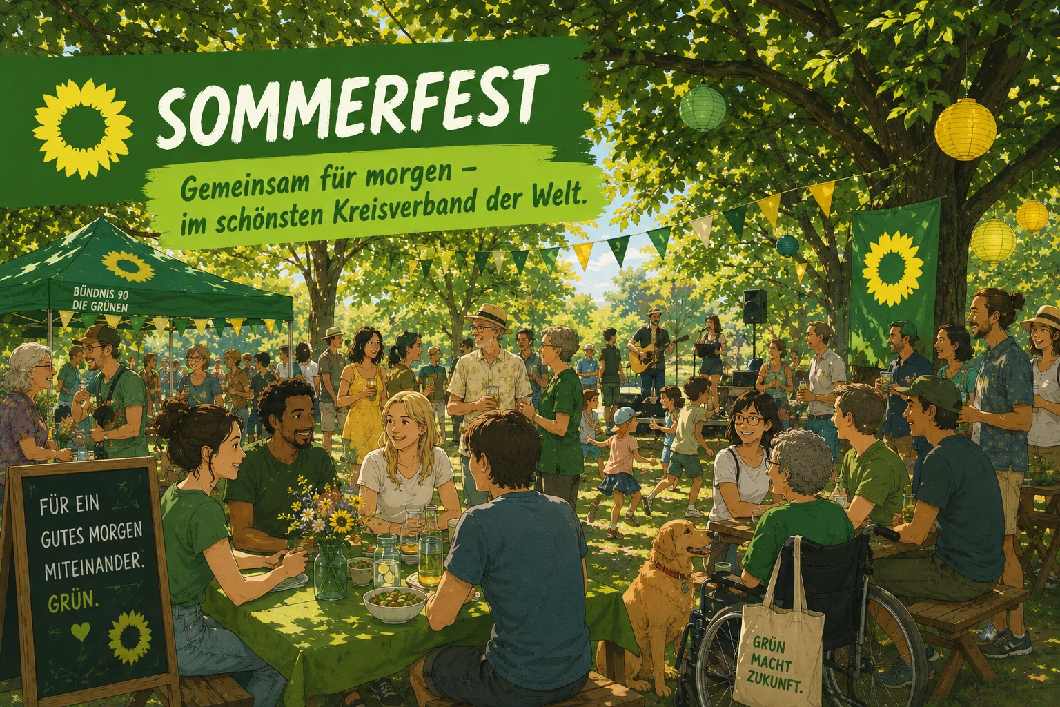 Illustration eines sommerlichen Festes unter großen Kastanienbäumen. Menschen unterschiedlichen Alters und mit verschiedenen Hintergründen sitzen zusammen, essen, trinken und unterhalten sich. Grüne Fahnen und Dekorationen schaffen eine freundliche, gemeinschaftliche Atmosphäre.